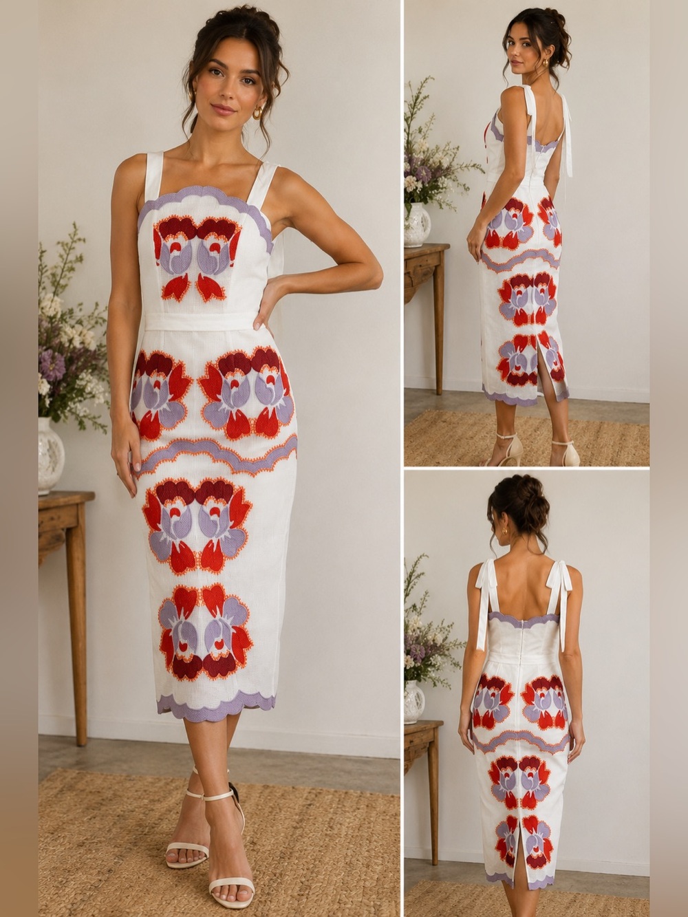 Alice McCall Wildfire Dress Embroidered Midi Dress Women’s US 0 White Purple Red